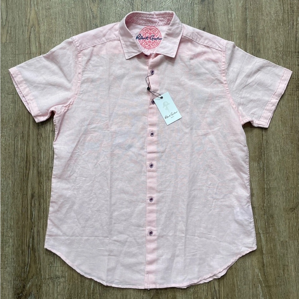 Robert Graham Borsi Linen Blend Short Sleeve Shirt Pink Men’s Sz Small $198